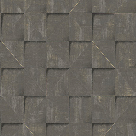 Prism Grid Brown geometric textured wallpaper roll and room image