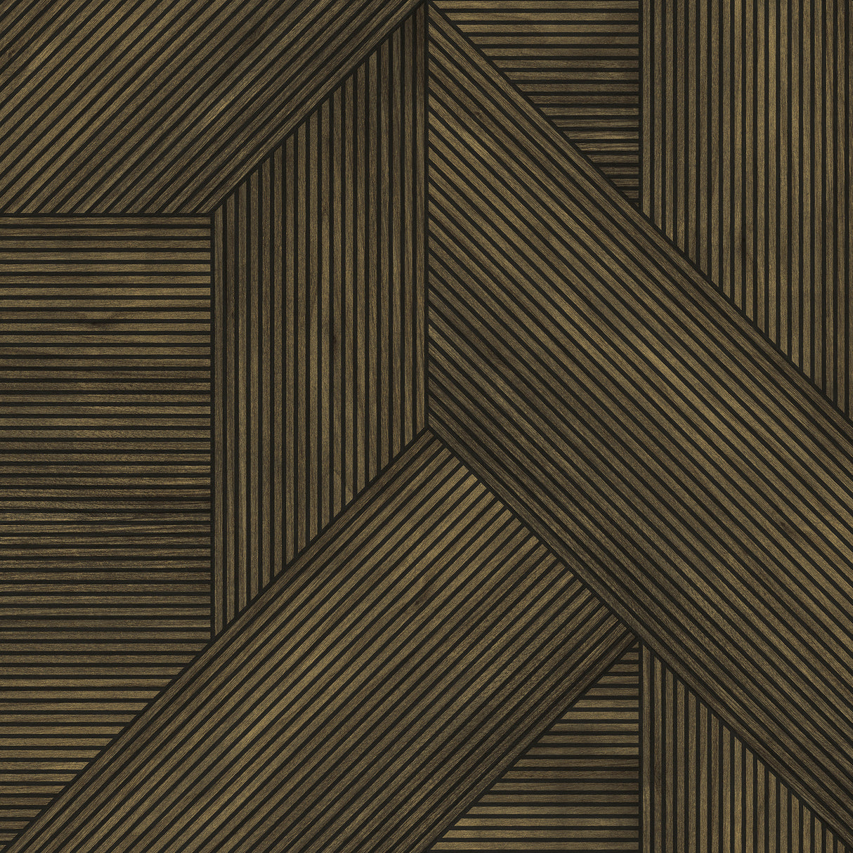 Sculpted Chevron Wood Panels brown geometric wood-look wallpaper roll and room view
