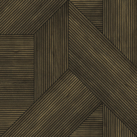 Sculpted Chevron Wood Panels brown geometric wood-look wallpaper roll and room view