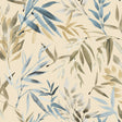 Painted Canopy Blue watercolor bamboo leaf wallpaper roll close-up and room view