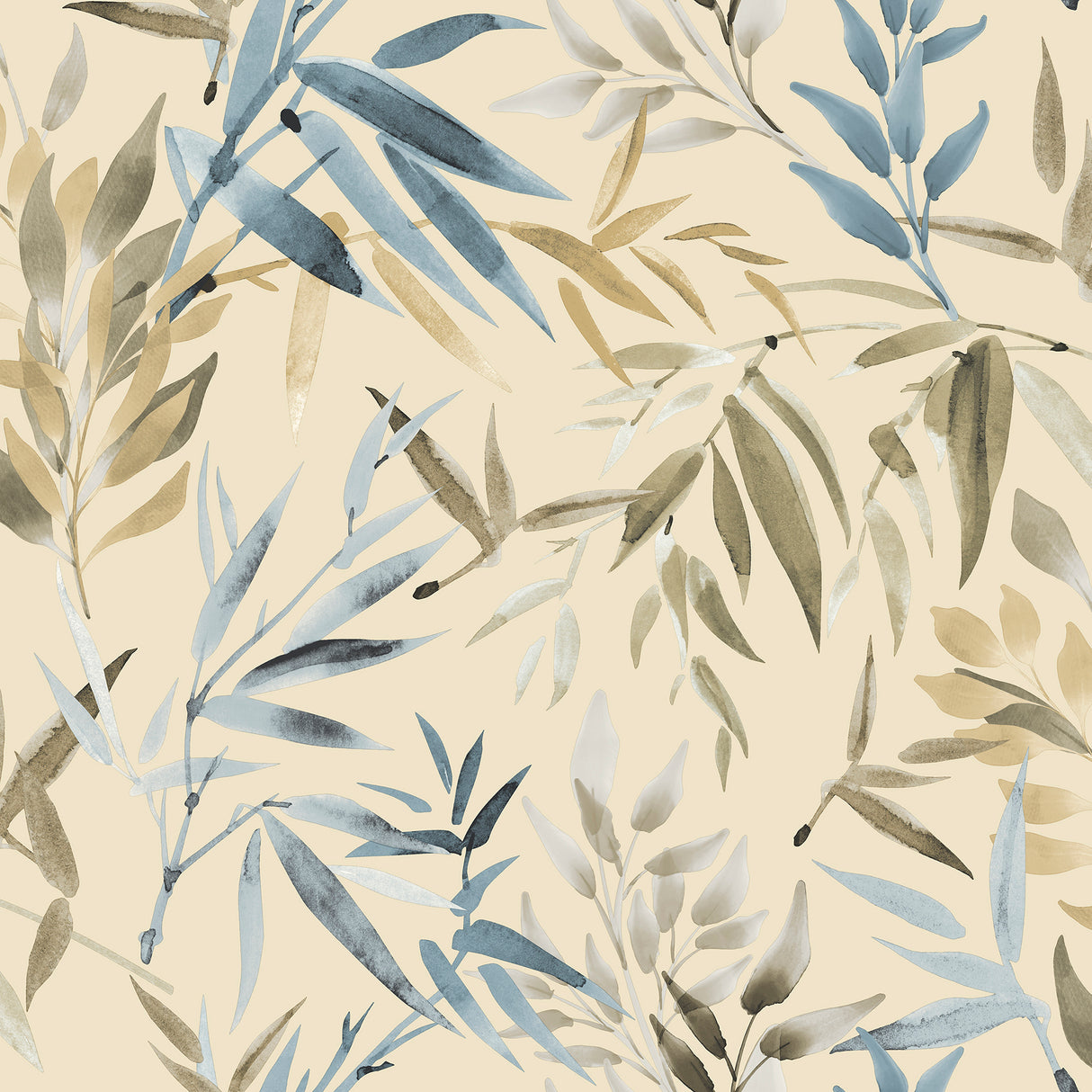 Painted Canopy Blue watercolor bamboo leaf wallpaper roll close-up and room view