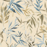 Painted Canopy Blue watercolor bamboo leaf wallpaper roll close-up and room view