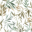 Painted Canopy Green wallpaper sample with watercolor bamboo leaves