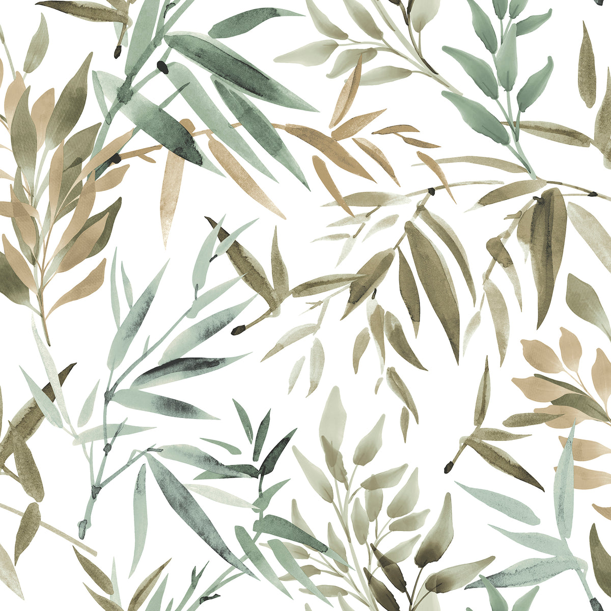 Painted Canopy Green wallpaper sample with watercolor bamboo leaves