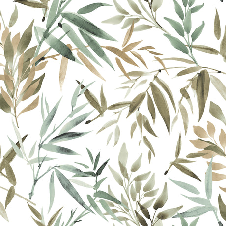 Painted Canopy Green wallpaper sample with watercolor bamboo leaves