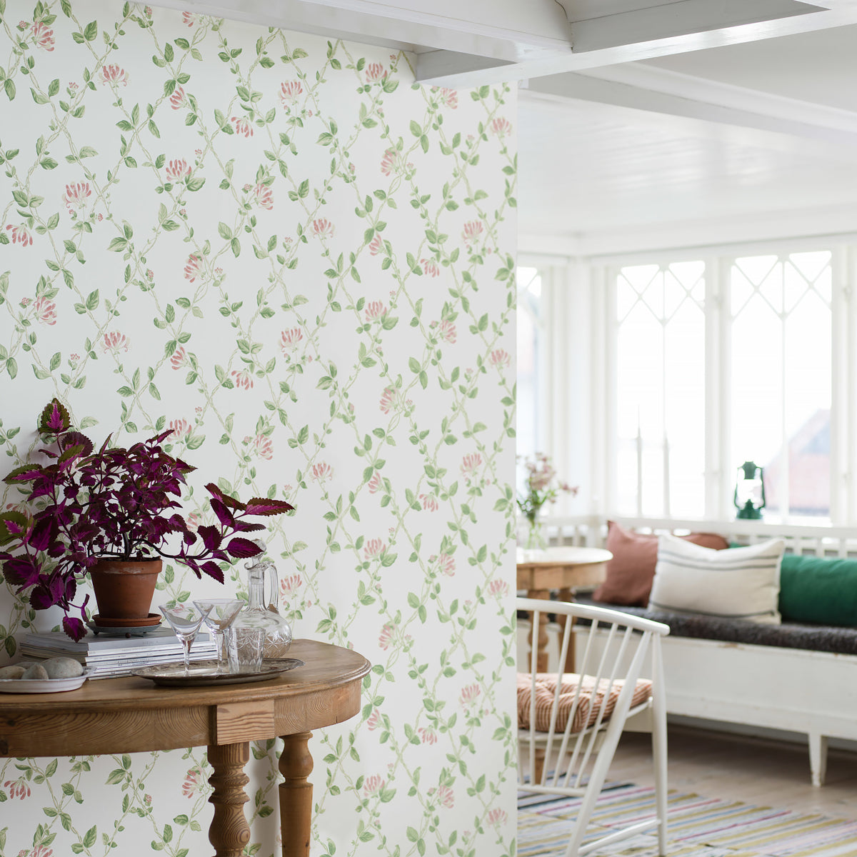 Honeysuckle Ivory by Boråstapeter Scandinavian Floral Trellis Wallpaper – Schumacher 8852