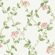 Ivory wallpaper with honeysuckle blossoms and green leaves in a trellis pattern by Boråstapeter for Schumacher.