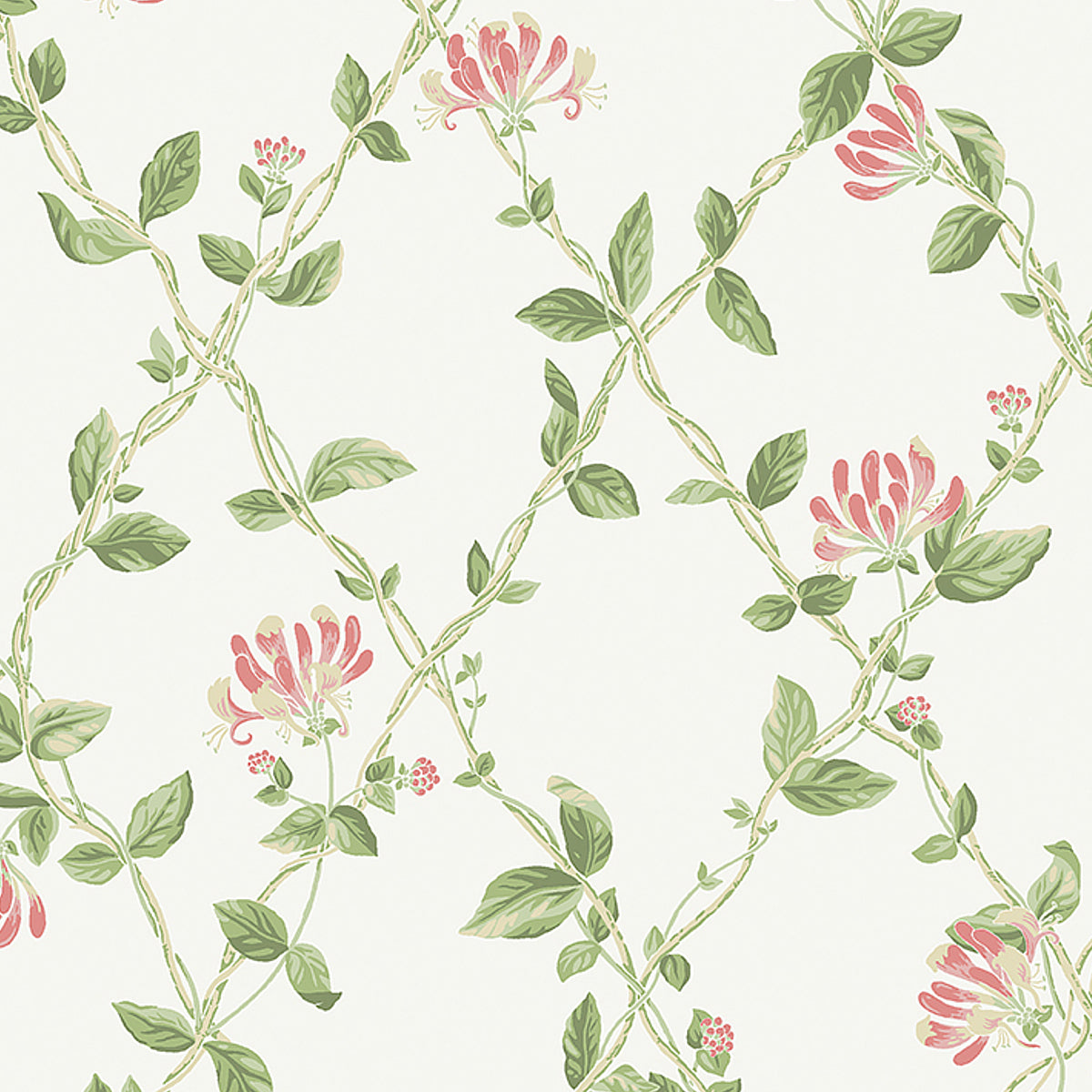 Ivory wallpaper with honeysuckle blossoms and green leaves in a trellis pattern by Boråstapeter for Schumacher.