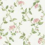 Ivory wallpaper with honeysuckle blossoms and green leaves in a trellis pattern by Boråstapeter for Schumacher.