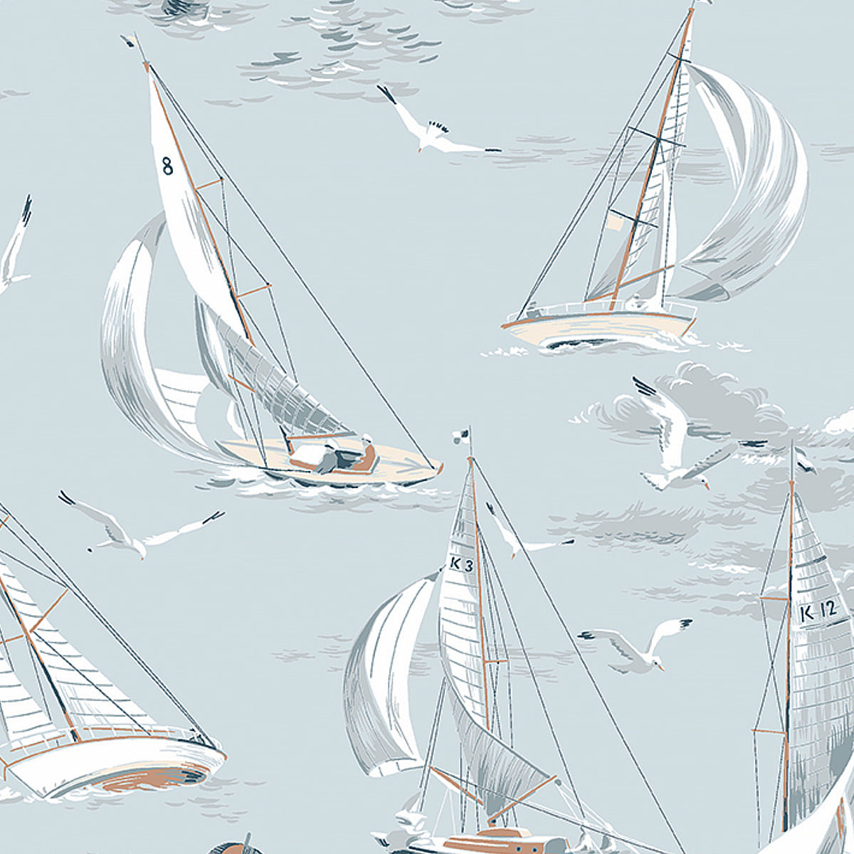 Sailboats wallpaper in sky blue by Boråstapeter for Schumacher, featuring classic sailboats and seagulls in a nautical scene.