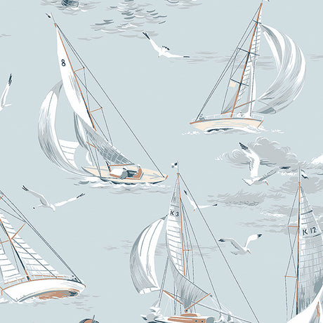 Sailboats wallpaper in sky blue by Boråstapeter for Schumacher, featuring classic sailboats and seagulls in a nautical scene.