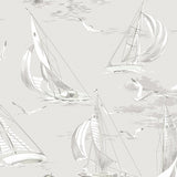 Grey sailboat and seagull nautical wallpaper by Boråstapeter for Schumacher, pattern 8855, styled in a bright entryway.
