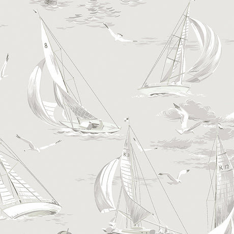 Grey sailboat and seagull nautical wallpaper by Boråstapeter for Schumacher, pattern 8855, styled in a bright entryway.