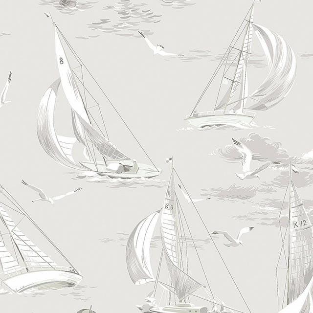 Grey sailboat and seagull nautical wallpaper by Boråstapeter for Schumacher, pattern 8855, styled in a bright entryway.