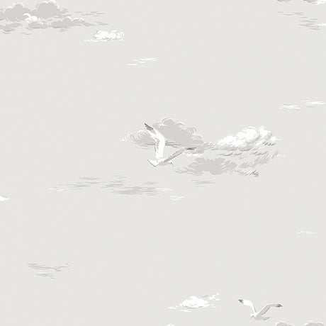 Grey wallpaper with illustrated seagulls and clouds, Scandinavian coastal style by Boråstapeter for Schumacher.