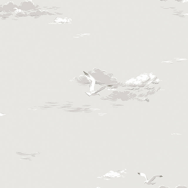 Grey wallpaper with illustrated seagulls and clouds, Scandinavian coastal style by Boråstapeter for Schumacher.