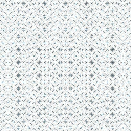Windrose blue geometric trellis wallpaper by Boråstapeter for Schumacher, shown in a styled living room and pattern close-up.