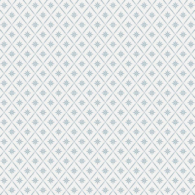 Windrose blue geometric trellis wallpaper by Boråstapeter for Schumacher, shown in a styled living room and pattern close-up.