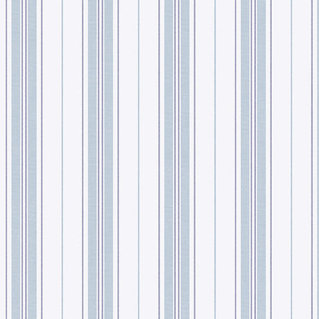 Hamnskär Stripe blue and white nautical striped wallpaper by Boråstapeter for Schumacher, shown in a bedroom interior.