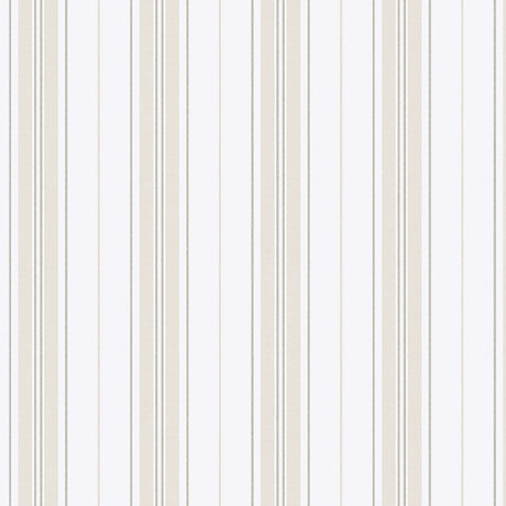 Hamnskär Stripe wallpaper in naturals by Boråstapeter for Schumacher, classic vertical stripe design, shown in a Scandinavian bedroom setting.