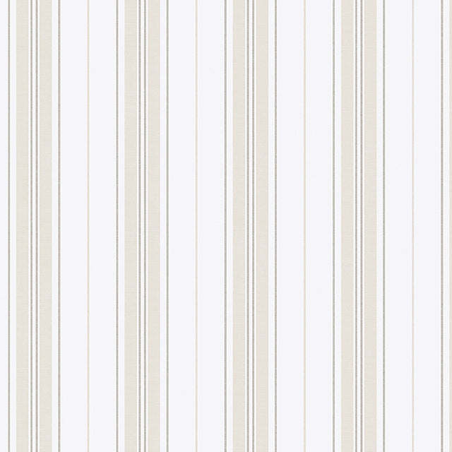 Hamnskär Stripe wallpaper in naturals by Boråstapeter for Schumacher, classic vertical stripe design, shown in a Scandinavian bedroom setting.