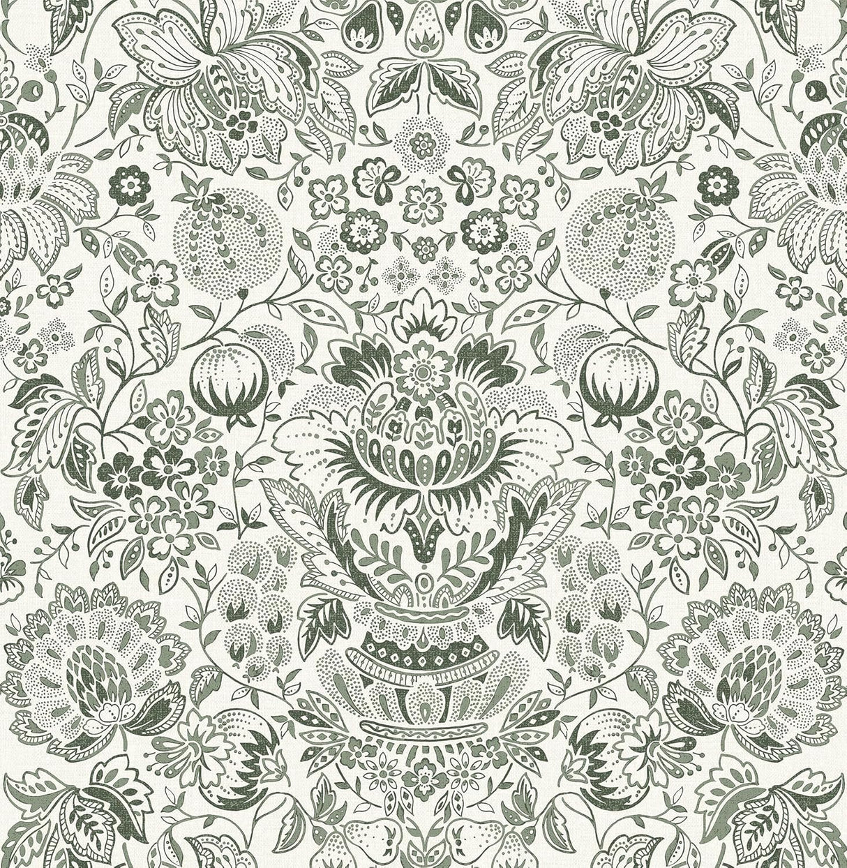 A-Street Prints Blanche Dark Green Floral Damask Wallpaper roll and pattern