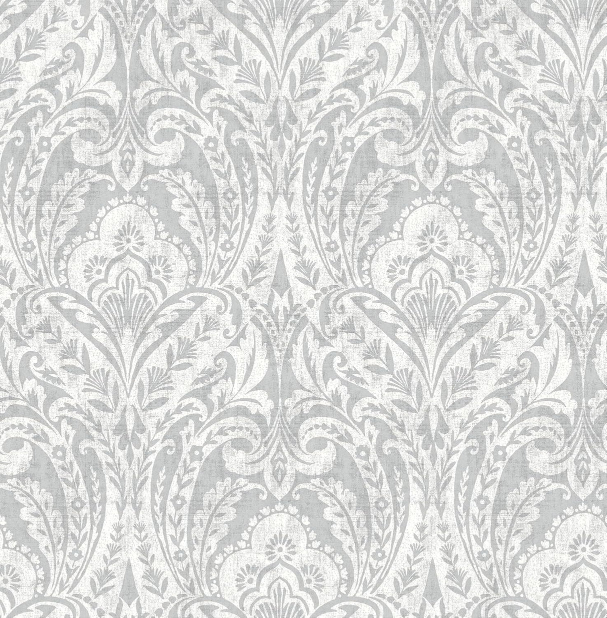 A-Street Prints Berkshire Grey Damask Wallpaper roll showing silver-grey botanical ogee damask on white, 20.5 in x 33 ft