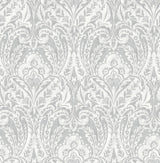 A-Street Prints Berkshire Grey Damask Wallpaper roll showing silver-grey botanical ogee damask on white, 20.5 in x 33 ft
