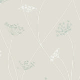 Queen Anne's lace floral wallpaper in a soft stone colorway by Boråstapeter for Schumacher, shown in detail and styled in a modern interior.