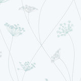 Queen Anne's lace floral wallpaper in a soft mineral colorway by Boråstapeter for Schumacher, shown in detail and styled in a modern interior.