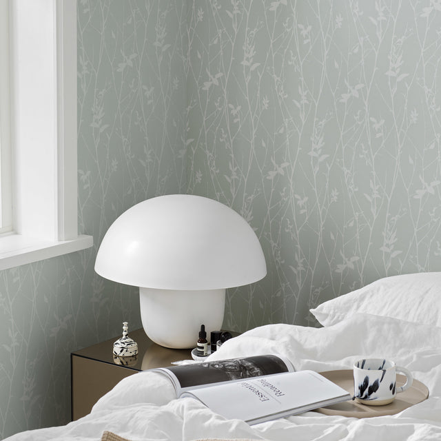 Botanical Whisp Mineral by Boråstapeter Whimsical Branch and Flower Wallpaper – Schumacher 9320