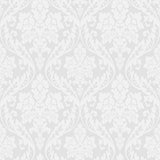 Firenze grey damask wallpaper by Boråstapeter for Schumacher, shown in a modern bedroom interior and close-up pattern view.