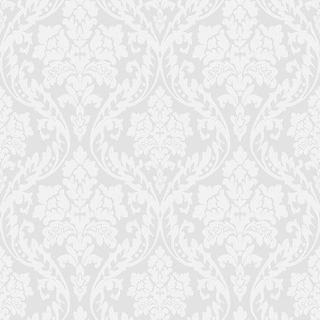 Firenze grey damask wallpaper by Boråstapeter for Schumacher, shown in a modern bedroom interior and close-up pattern view.