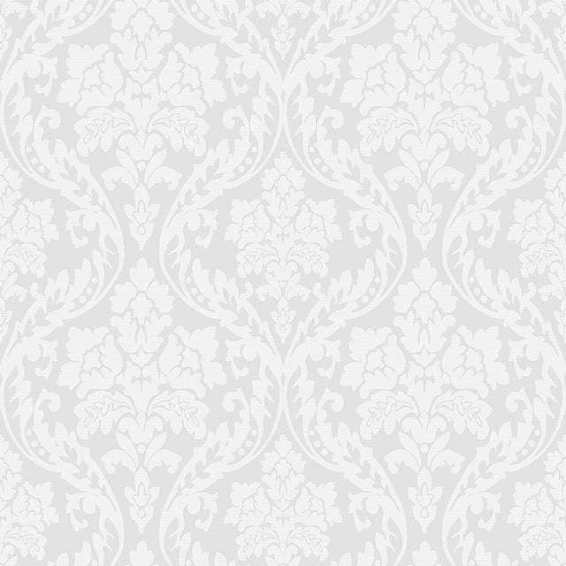 Firenze grey damask wallpaper by Boråstapeter for Schumacher, shown in a modern bedroom interior and close-up pattern view.