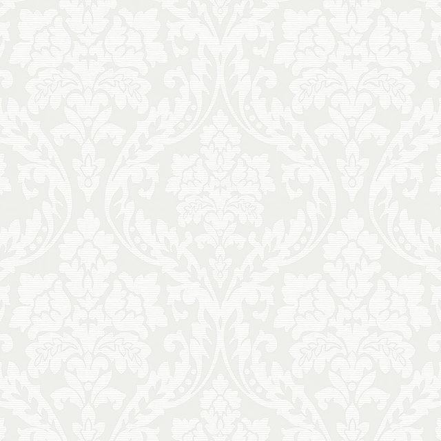 Firenze Pearl Damask Wallpaper by Boråstapeter for Schumacher, shown in a classic Renaissance-inspired pattern in pearl color.