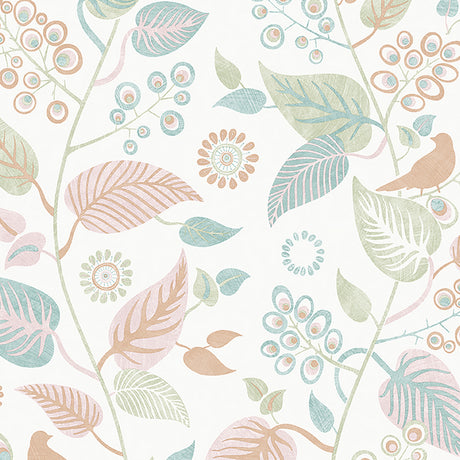Leaf Rhapsody wallpaper by Boråstapeter for Schumacher, featuring a whimsical multicolored botanical and leaf pattern.