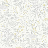 Delicate Dance wallpaper in grey and yellow by Boråstapeter for Schumacher, featuring Queen Anne's lace and wildflowers.