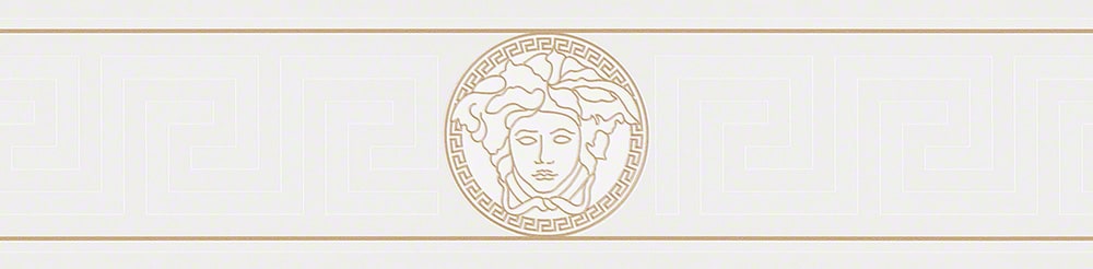 Versace Magesty Border in Mica with Greek key motif and medallion accents on a white ground