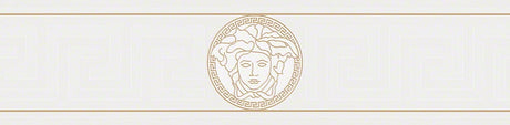 Versace Magesty Border in Mica with Greek key motif and medallion accents on a white ground