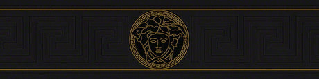 Black Ice satin border wallpaper with embossed Greek key pattern and gold Medusa-style medallion motifs