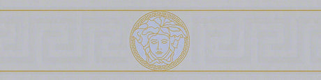 Versace Magesty metallic vinyl wallpaper border in Silver Sea with Greek key pattern and Medusa medallions.