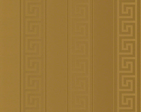 Versace Valor wallpaper in Treasure colorway featuring a tone-on-tone Greek key motif in vertical bands with a semi-gloss gold finish.