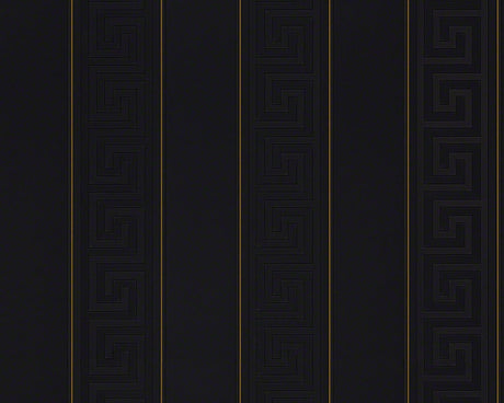 Versace Valor Jet gloss Greek key stripe wallpaper in black with subtle gold pinstripes