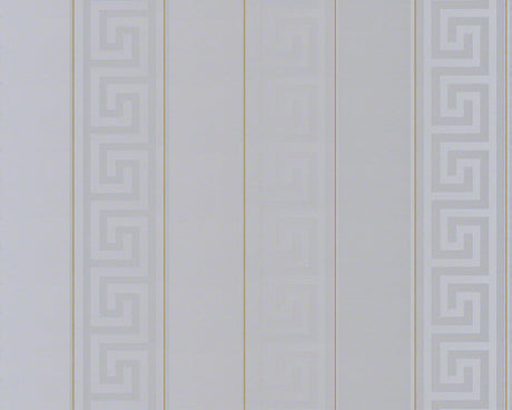 Metallic silver and pewter Greek key stripe wallpaper in the Versace Valor design