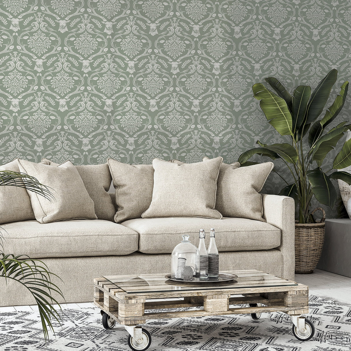 Wickham Green by Arthouse Stag Damask Wallpaper – Brewster Home Fashions AH923706