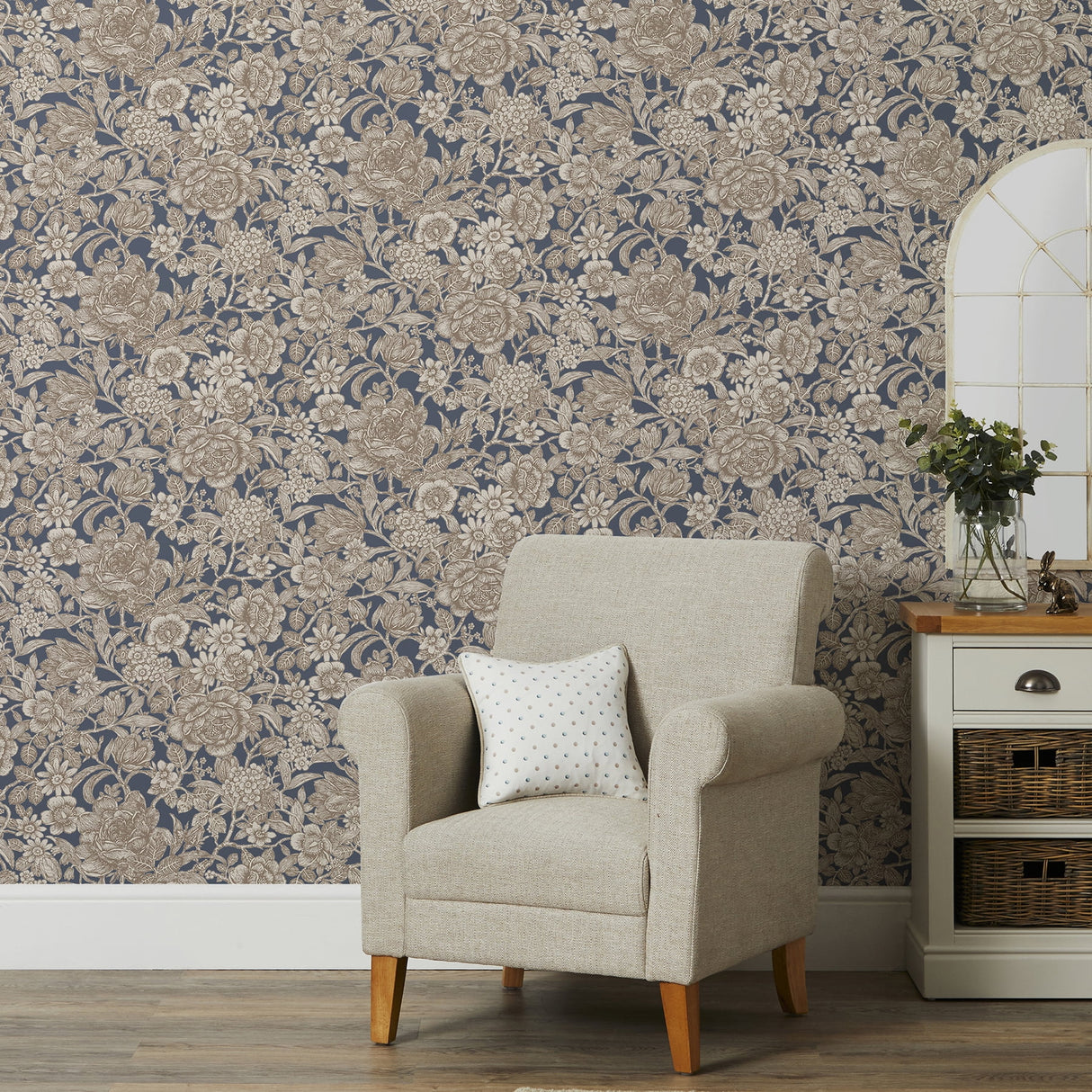 Hedgerow Navy by Fine Decor Floral Trails Wallpaper – Brewster Home Fashions FD43778