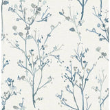 A-Street Prints Silverling Blue Budding Branches Wallpaper roll showing blue watercolor branches on cream background