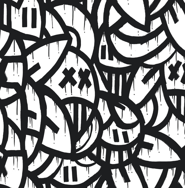 Bold Arrangements Black Peel & Stick Wallpaper with Graffiti Smiley Motif - Brewster AAS4878