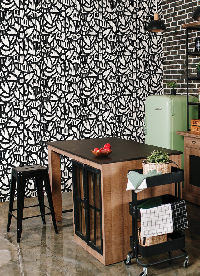 Bold Arrangements Black Peel & Stick Wallpaper with Graffiti Smiley Motif - Brewster AAS4878