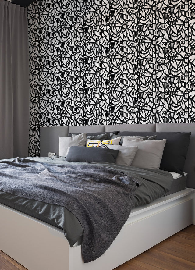 Bold Arrangements Black Peel & Stick Wallpaper with Graffiti Smiley Motif - Brewster AAS4878